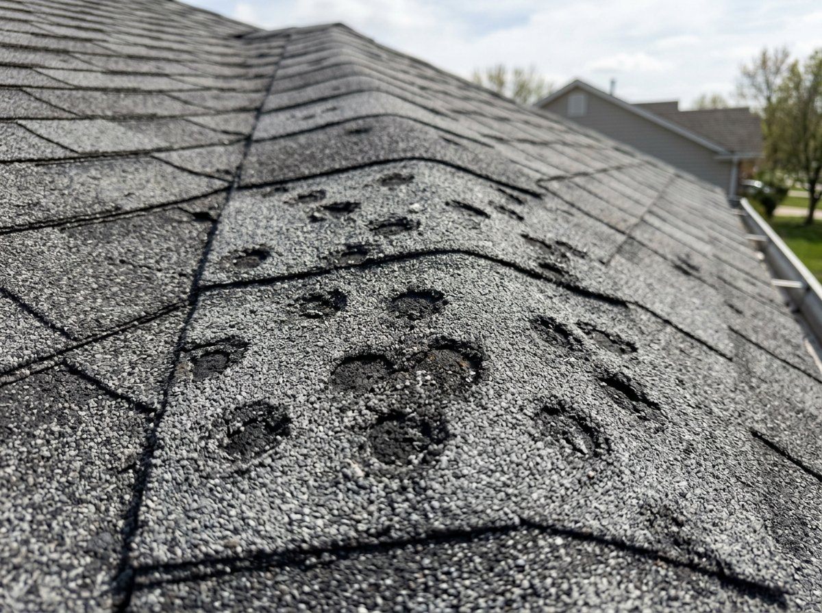 Hail bruises on asphalt shingles on a DuPage County roof