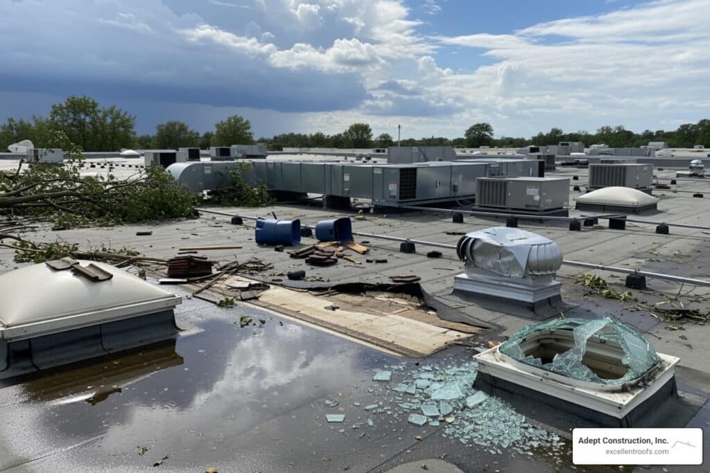 commercial building roof with visible storm debris after a storm - how to repair storm damage on commercial roof