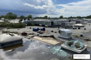 commercial building roof with visible storm debris after a storm - how to repair storm damage on commercial roof