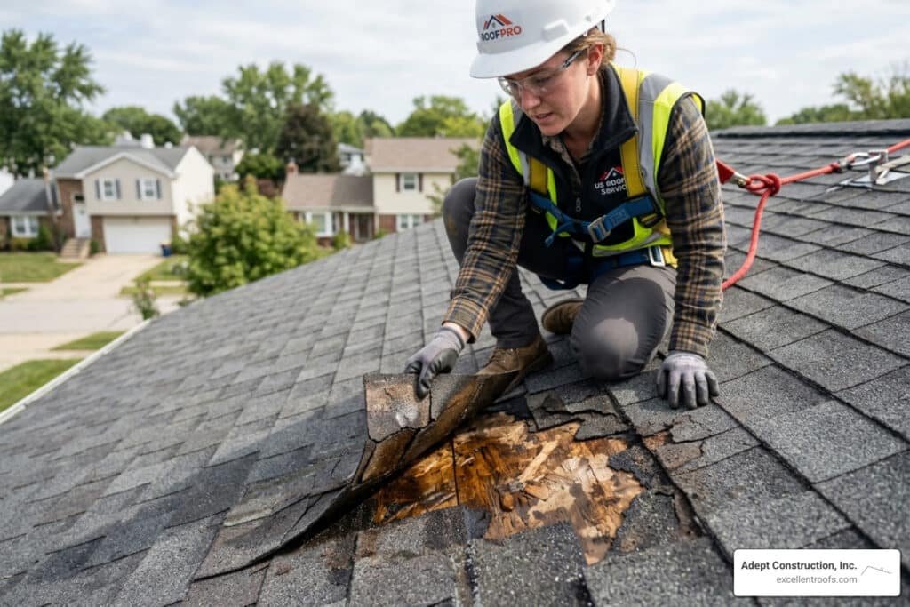 roofer inspecting a shingle leak source - cost to fix a leaking roof