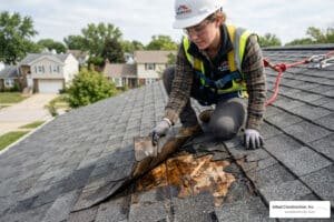 roofer inspecting a shingle leak source - cost to fix a leaking roof