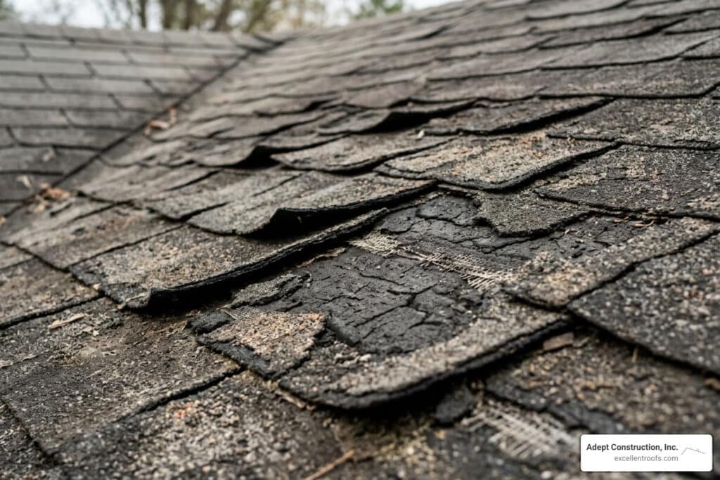 curling and weathered shingles on an old roof - replace asphalt shingle roof