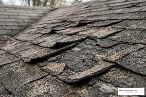 curling and weathered shingles on an old roof - replace asphalt shingle roof