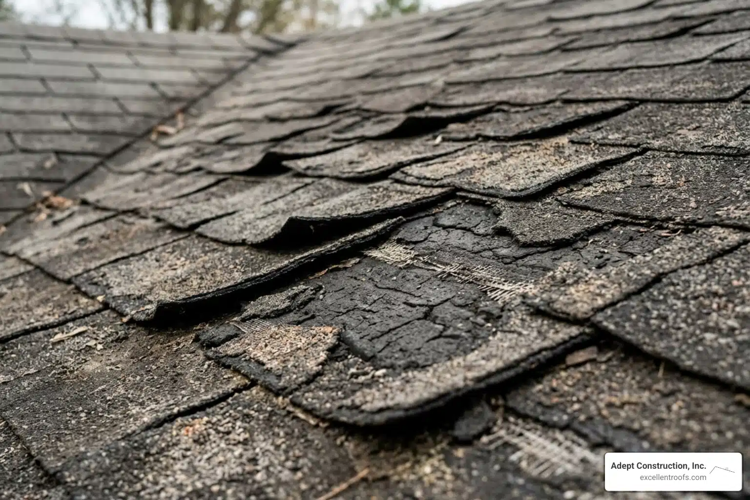curling and weathered shingles on an old roof - replace asphalt shingle roof