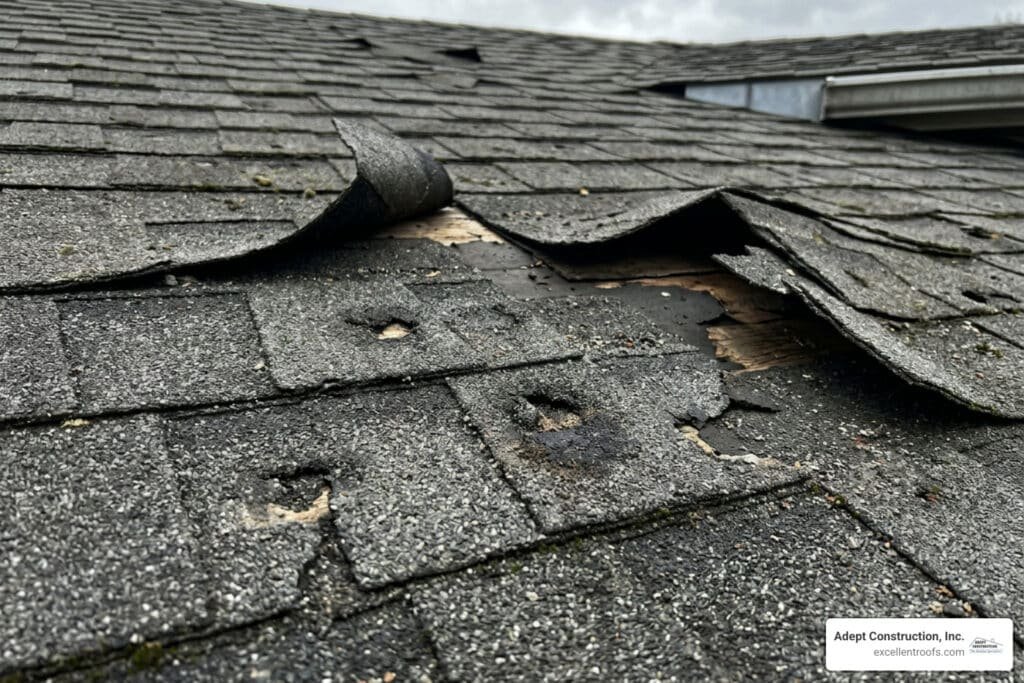 hail impact marks and torn roof shingles