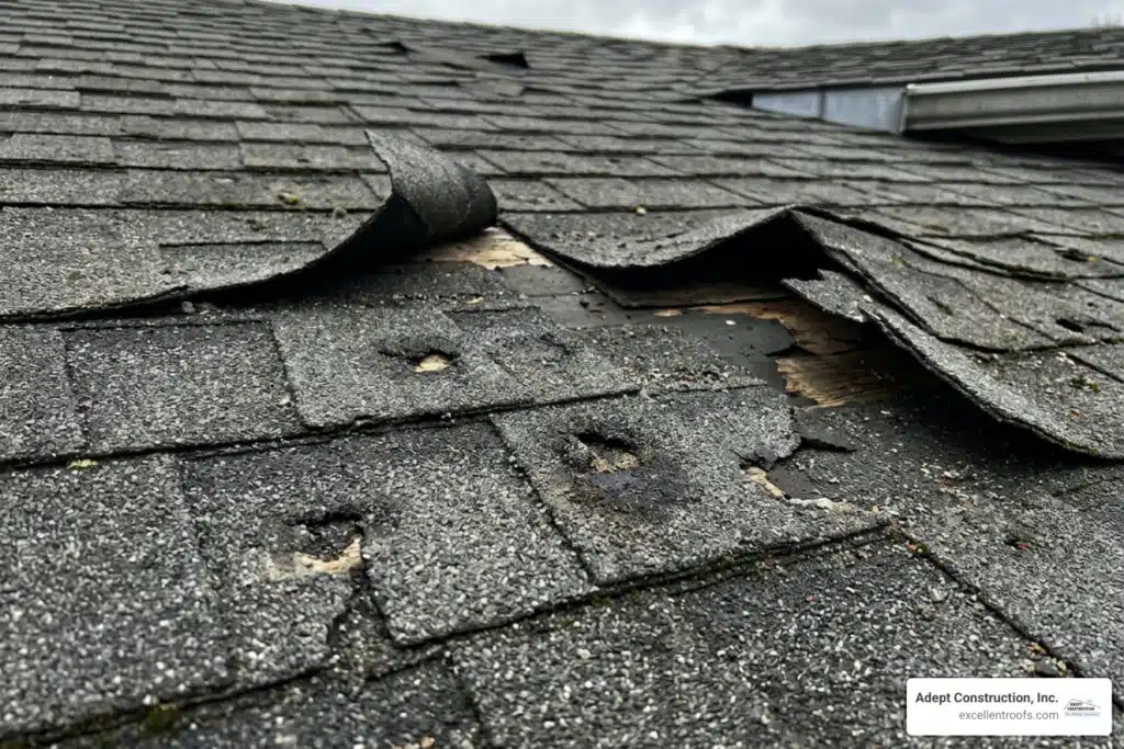 hail impact marks and torn roof shingles