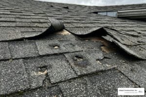 hail impact marks and torn roof shingles