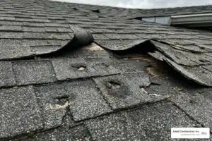 hail impact marks and torn roof shingles
