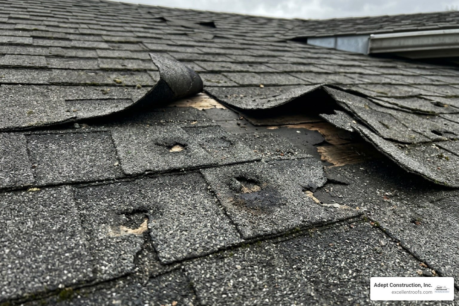 hail impact marks and torn roof shingles