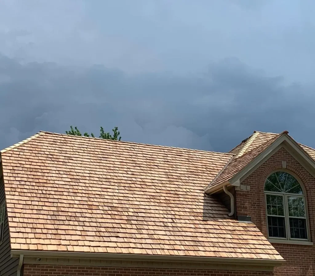 New natural cedar shake roof on a brick home in Naperville, IL